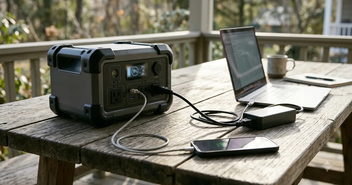Illustration for a portable power station on a wooden table with a laptop and a phone charging, in bright morning light