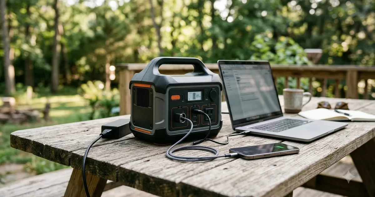 Illustration for a portable power station on a wooden table with a laptop and a phone charging, top down view