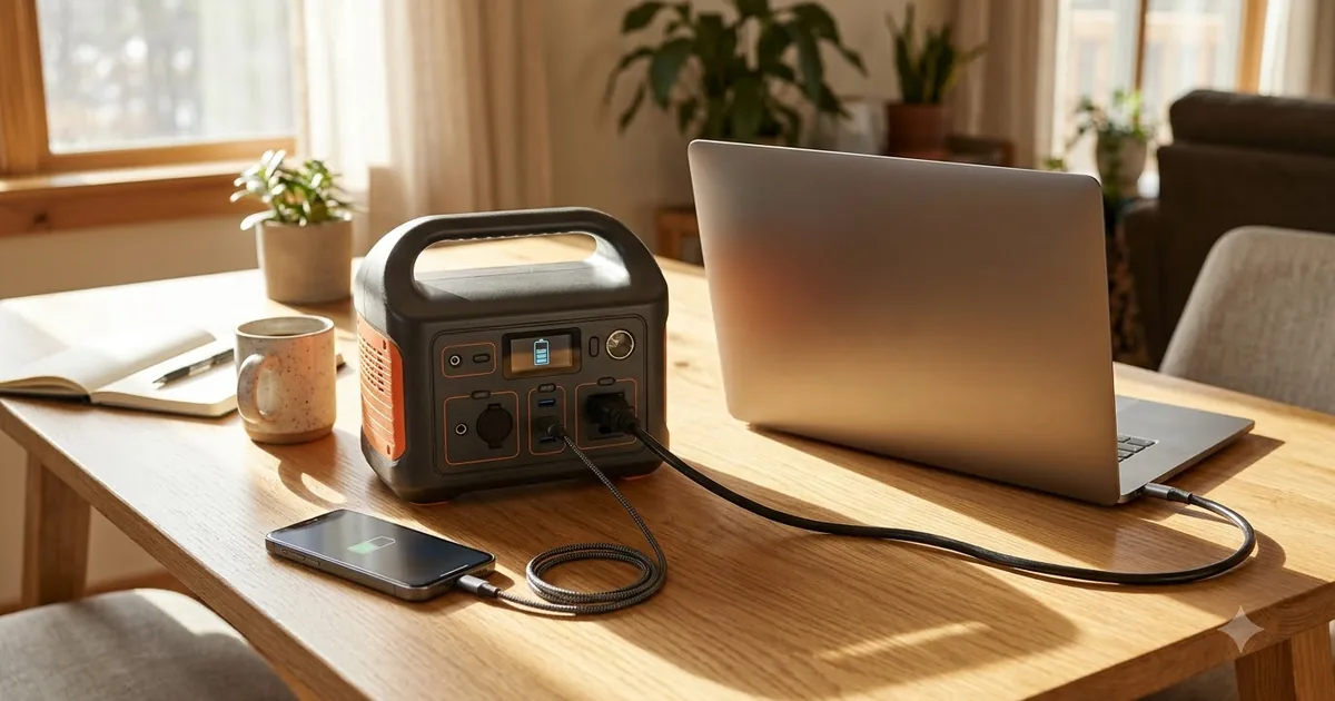 Illustration for a portable power station on a table with a laptop and a phone plugged in, in warm evening light