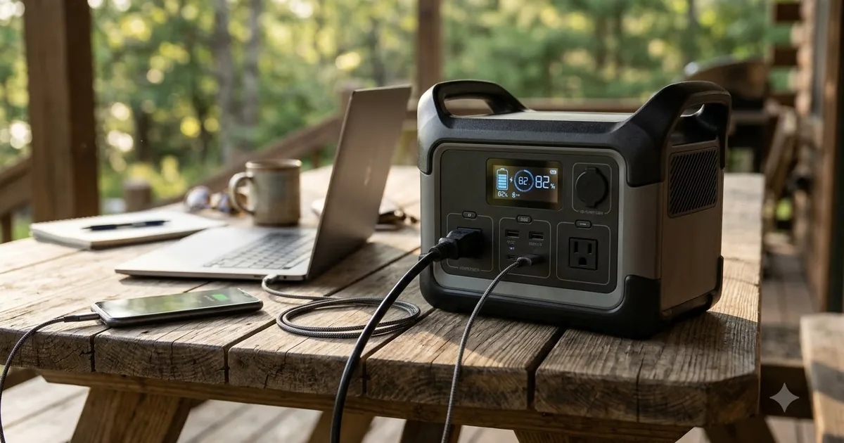 Illustration for a portable power station on a table with a laptop and a phone plugged in, from a low angle