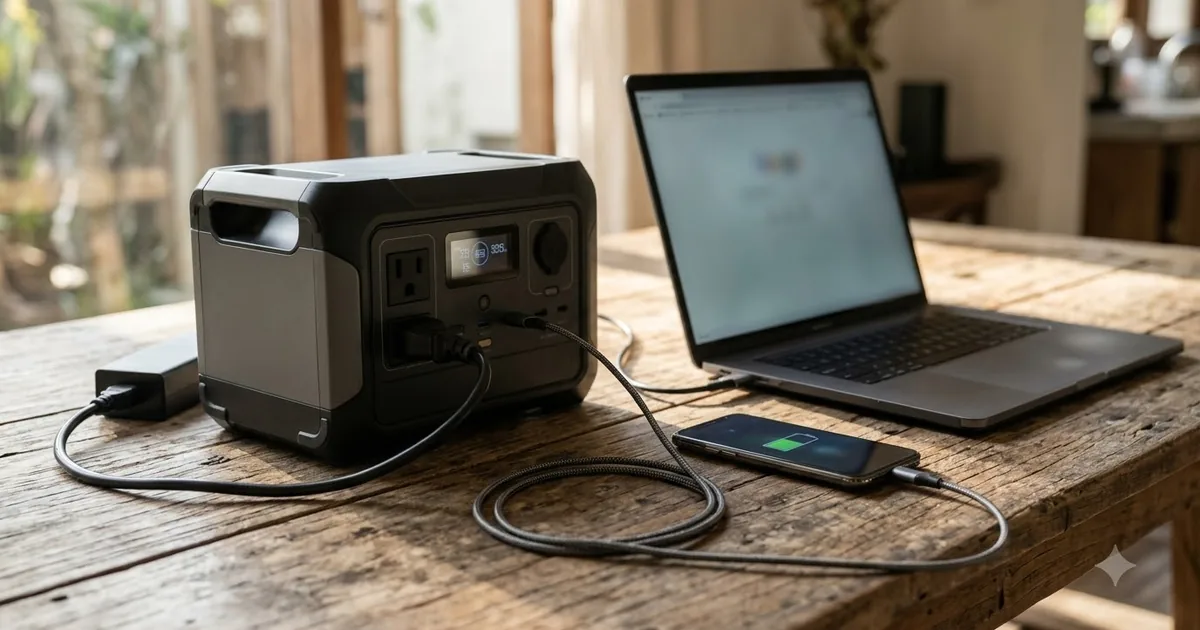 Illustration for a portable power station on a wooden table with a laptop and a phone charging, in warm evening light