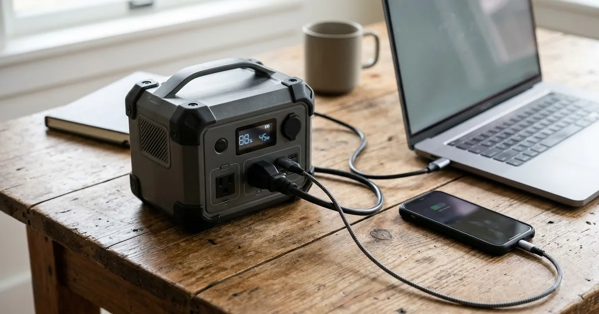 Illustration for a portable power station on a wooden table with a laptop and a phone charging, top down view