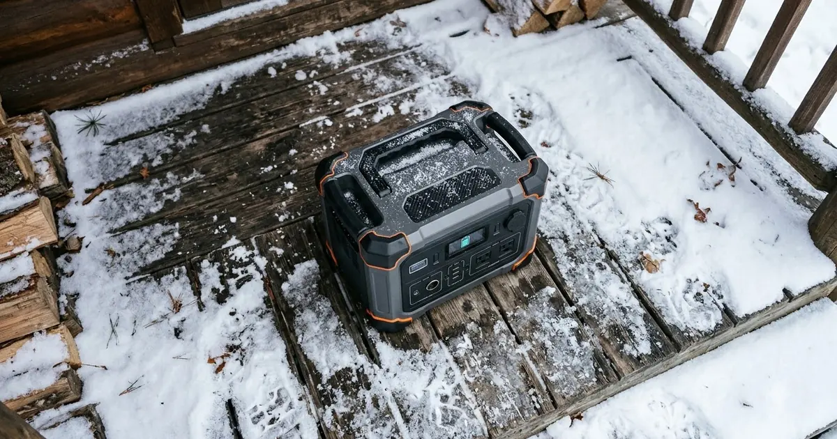 Illustration for a portable power station on a table with a laptop and a phone plugged in, wide shot
