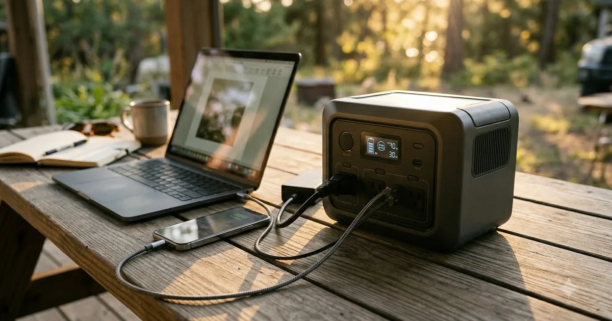 Illustration for a portable power station next to a window air conditioner in a bedroom, wide shot