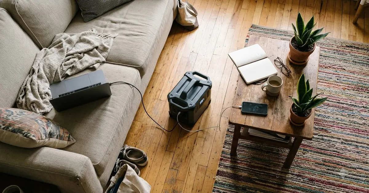 Illustration for a compact portable power station in a small apartment living room, top down view