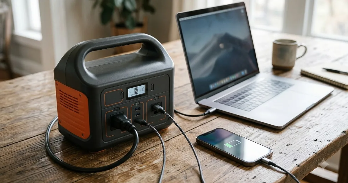 Illustration for a portable power station on a picnic table at a quiet campsite with a lantern and a phone charging, in bright morning light