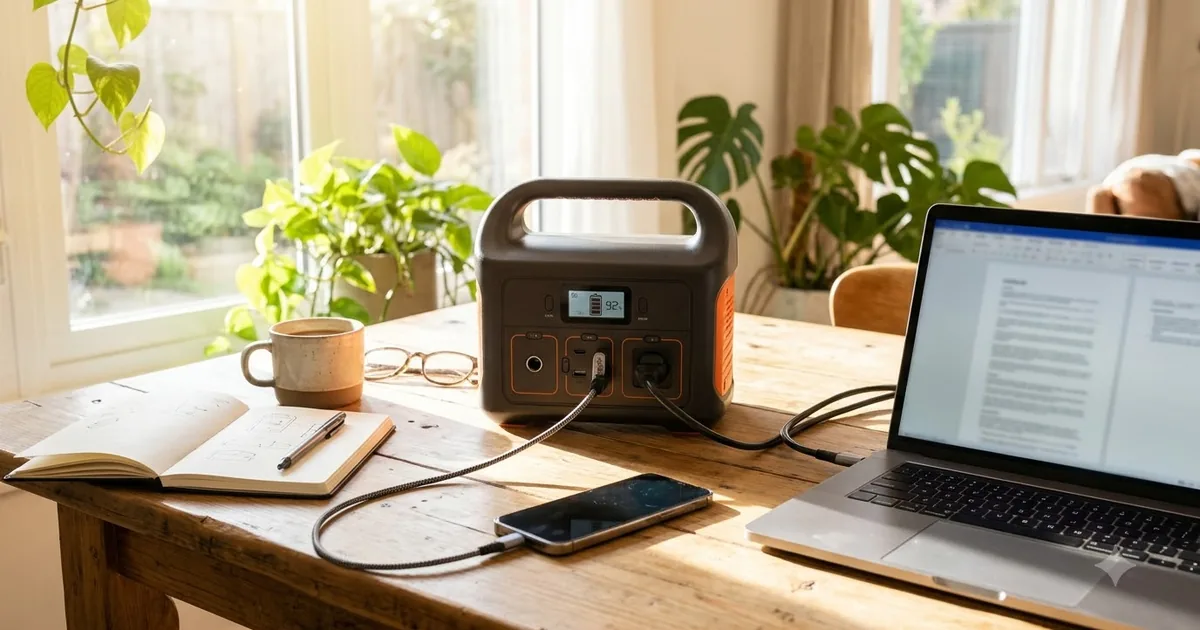 Illustration for a portable power station on a bedside table in a calm bedroom with a small lamp, in warm evening light