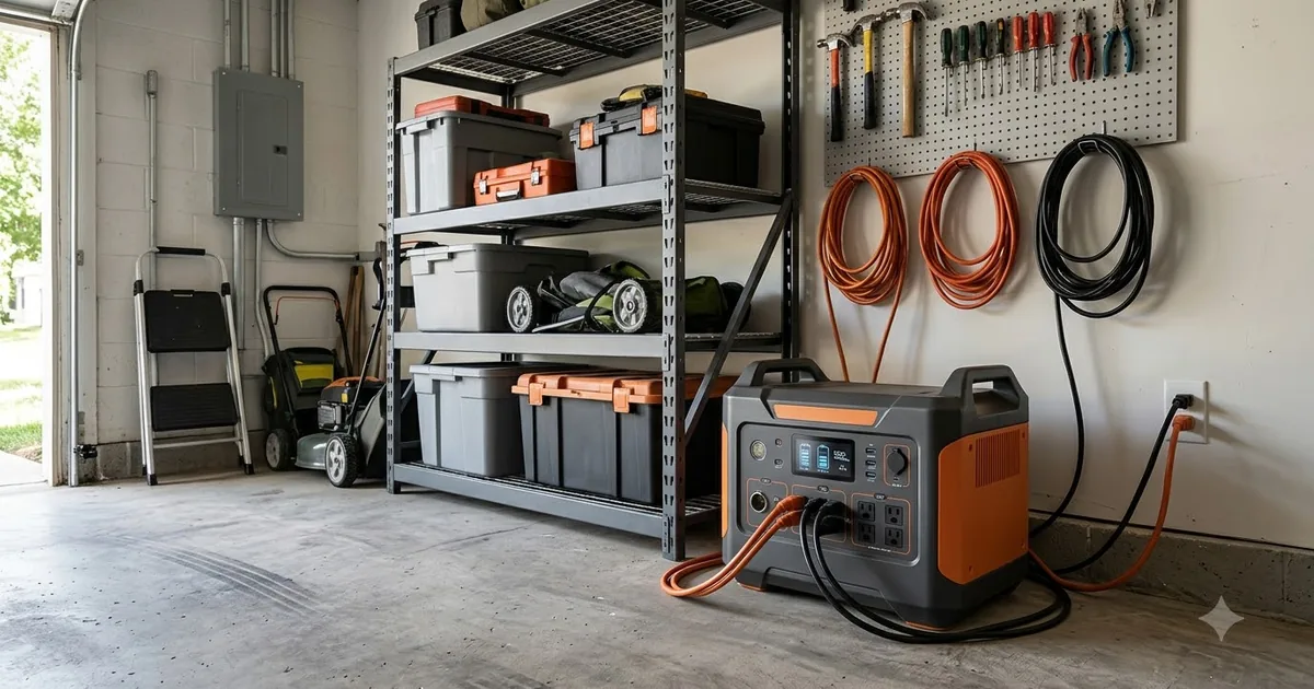 Illustration for a large portable power station in a tidy garage utility corner with cables, wide shot