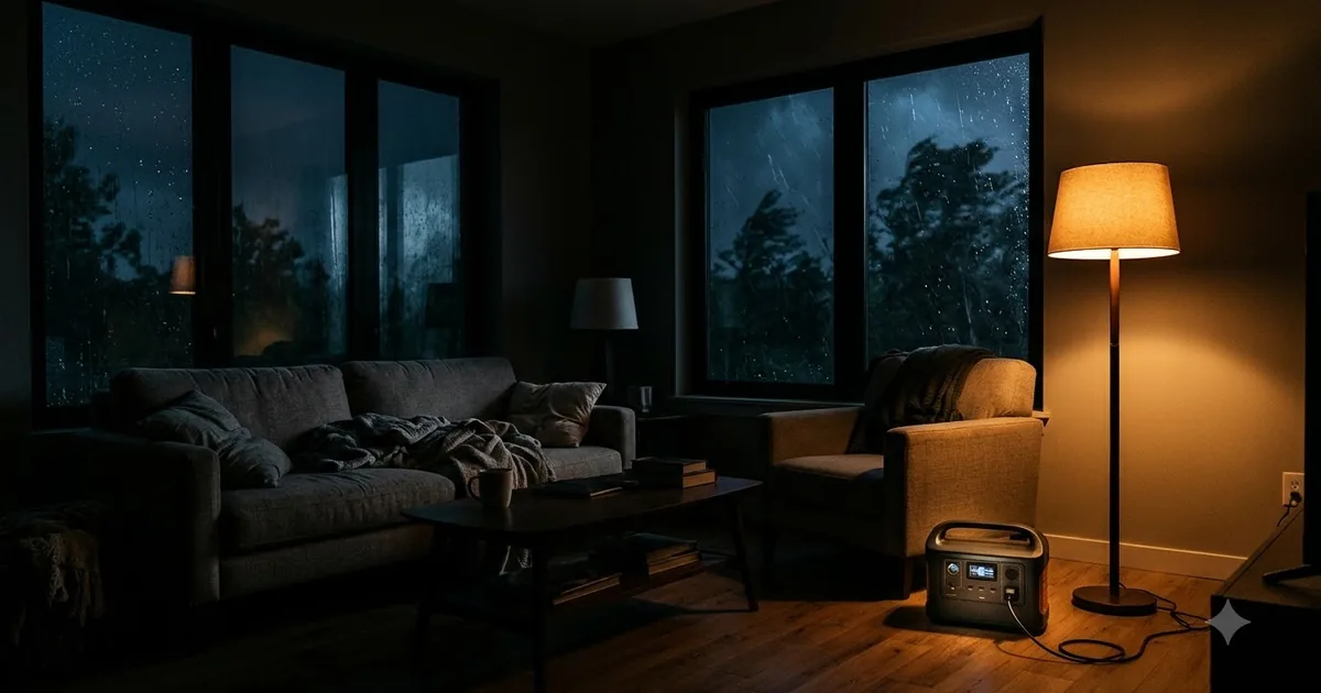 Illustration for a living room lit by a single lamp at night during a storm with a portable power station powering it, wide shot