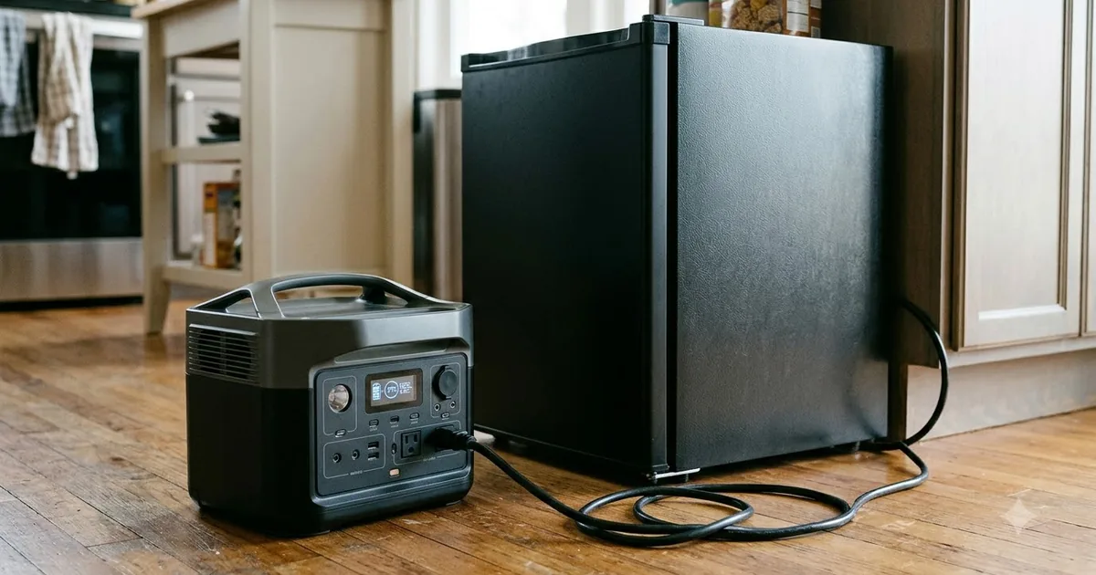 Illustration for a small refrigerator plugged into a portable power station in a kitchen, close up shot
