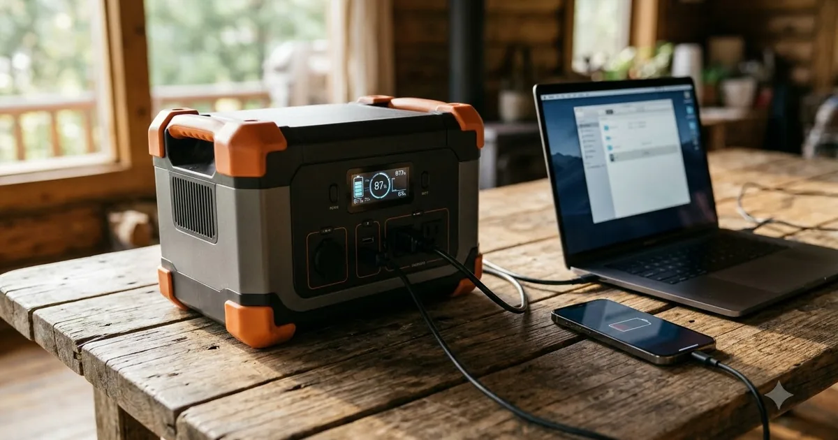 Illustration for a portable power station on a wooden table with a laptop and a phone charging, wide shot