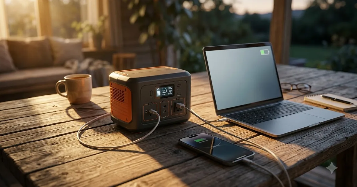 Illustration for a portable power station on a wooden table with a laptop and a phone charging, close up shot