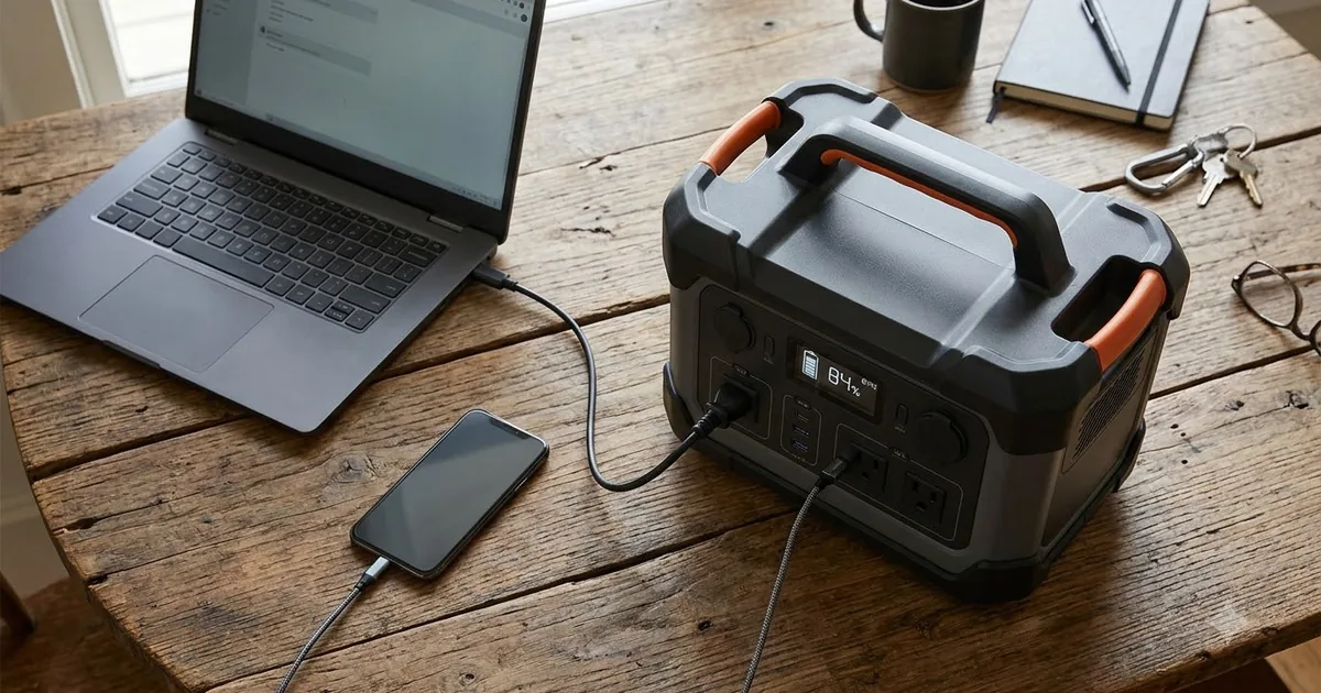 Illustration for a portable power station on a table with a laptop and a phone plugged in, in warm evening light