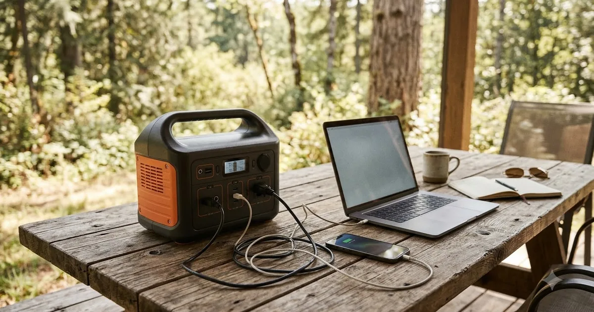 Illustration for a portable power station on a wooden table with a laptop and a phone charging, wide shot