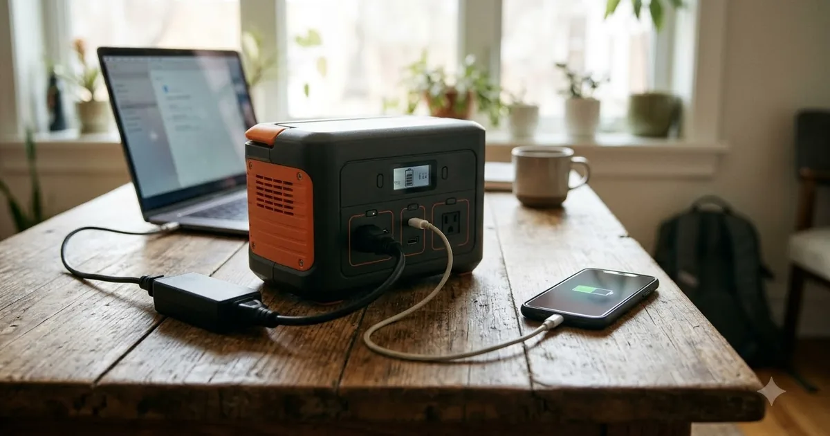 Illustration for a portable power station on a wooden table with a laptop and a phone charging, in bright morning light