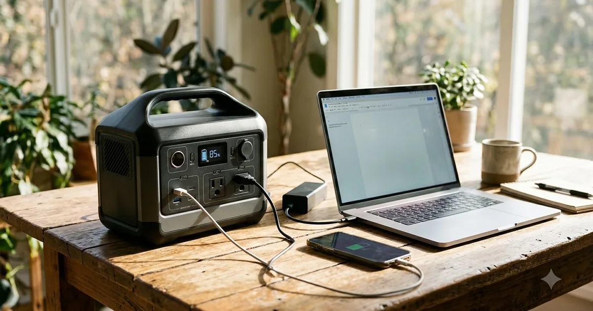 Illustration for a portable power station on a wooden table with a laptop and a phone charging, from a low angle