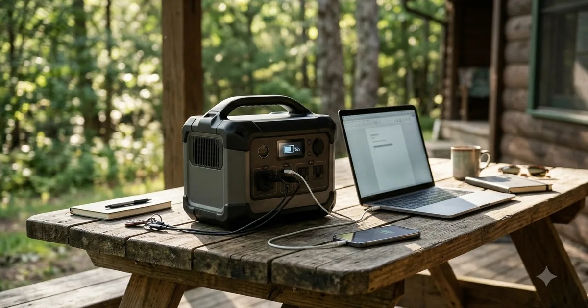 Illustration for a portable power station on a wooden table with a laptop and a phone charging, close up shot