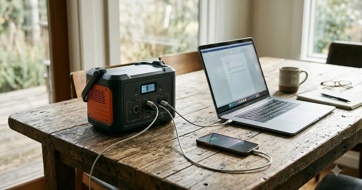 Illustration for a portable power station on a wooden table with a laptop and a phone charging, top down view
