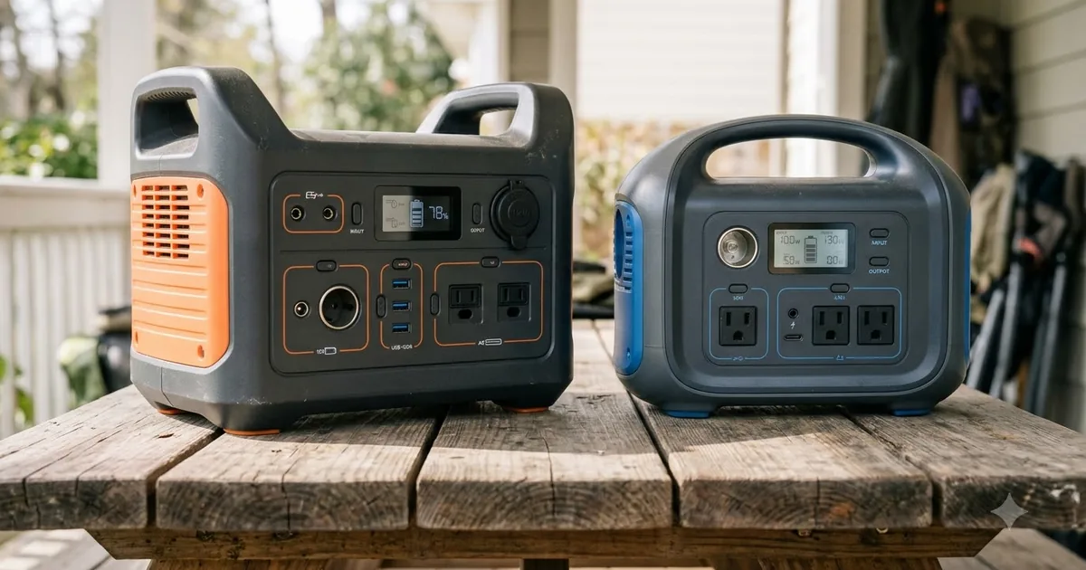 Illustration for two different portable power stations side by side on a wooden table, from a low angle