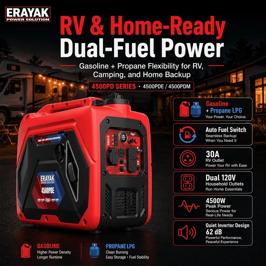 ERAYAK 4500PD Dual-Fuel Inverter Generator (4500PDM and 4500PDE) brand infographic 1