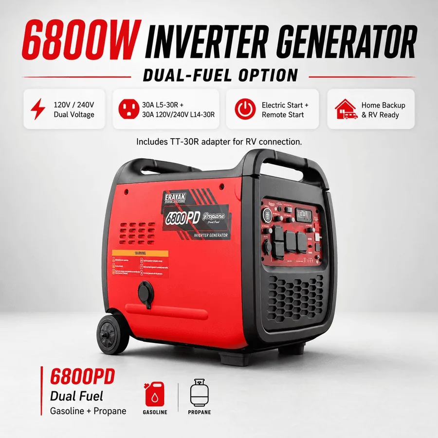 ERAYAK 6800PD 6800W Dual-Fuel 120V/240V Inverter Generator brand infographic 1