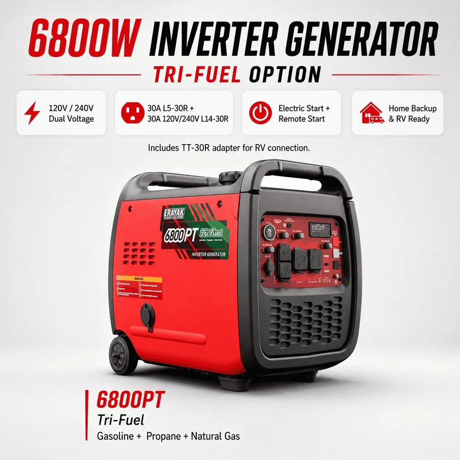 ERAYAK 6800PT 6800W Tri-Fuel 120V/240V Inverter Generator brand infographic 1