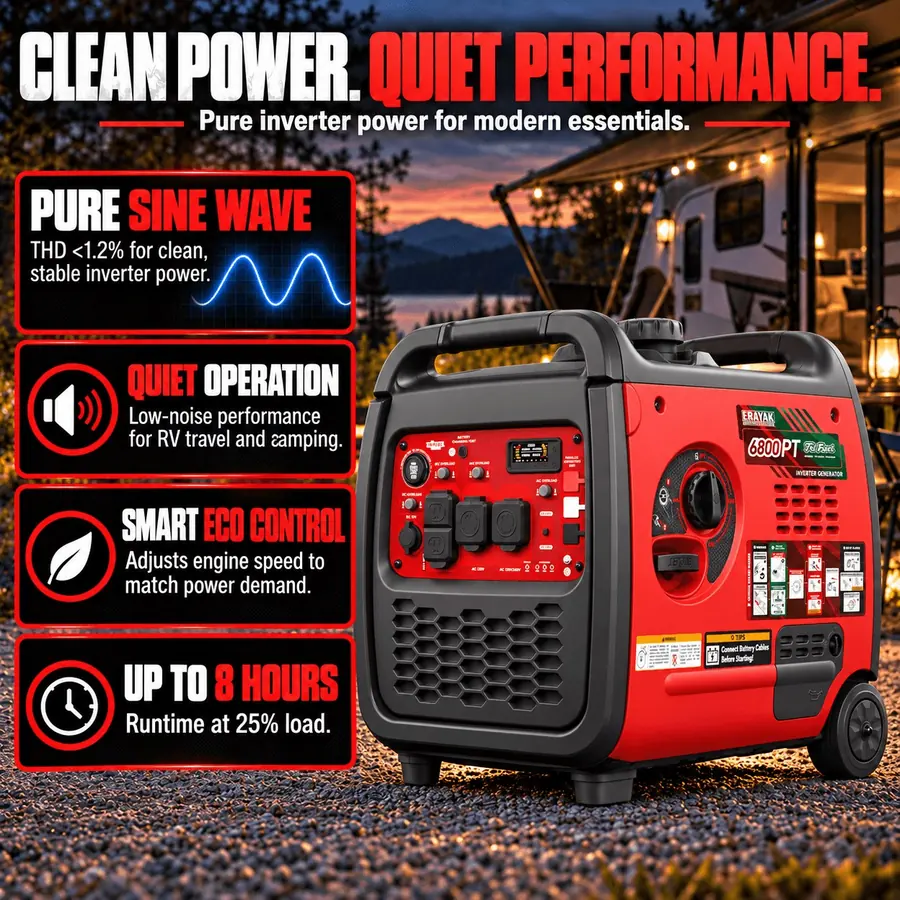 ERAYAK 6800PT 6800W Tri-Fuel 120V/240V Inverter Generator brand infographic 2