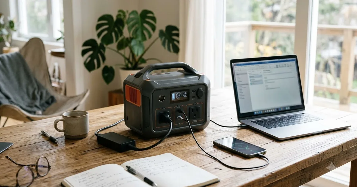 Illustration for a portable power station on a wooden table with a laptop and a phone charging, close up shot