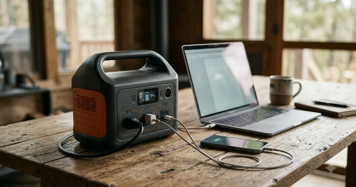 Illustration for a portable power station on a wooden table with a laptop and a phone charging, wide shot