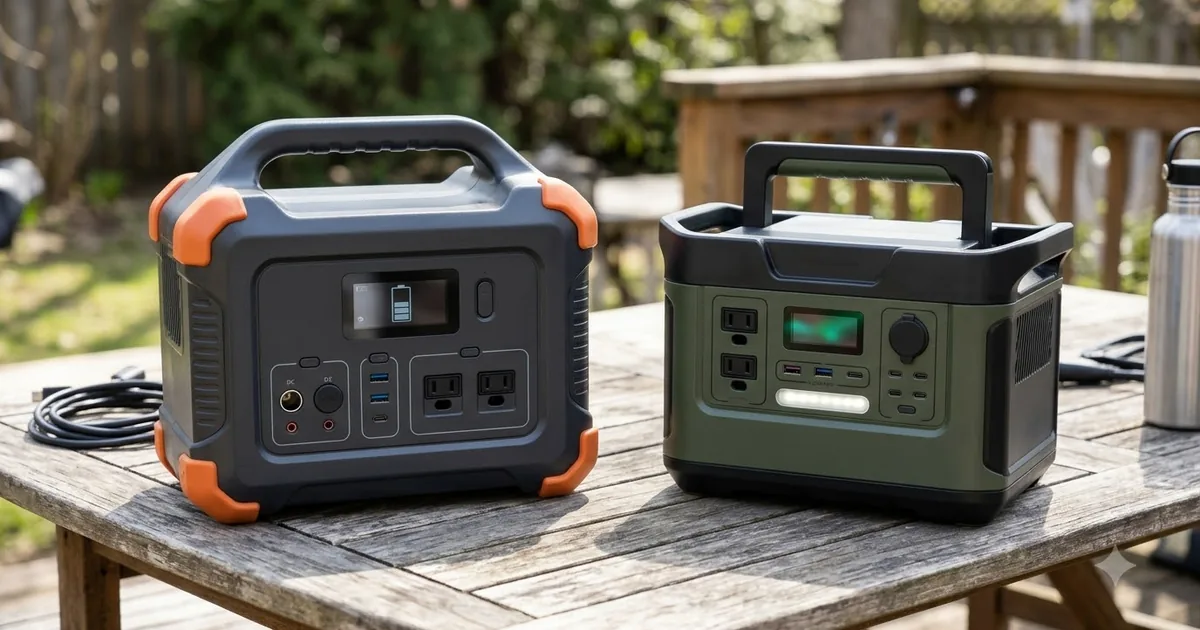 Illustration for two different portable power stations side by side on a wooden table, from a low angle