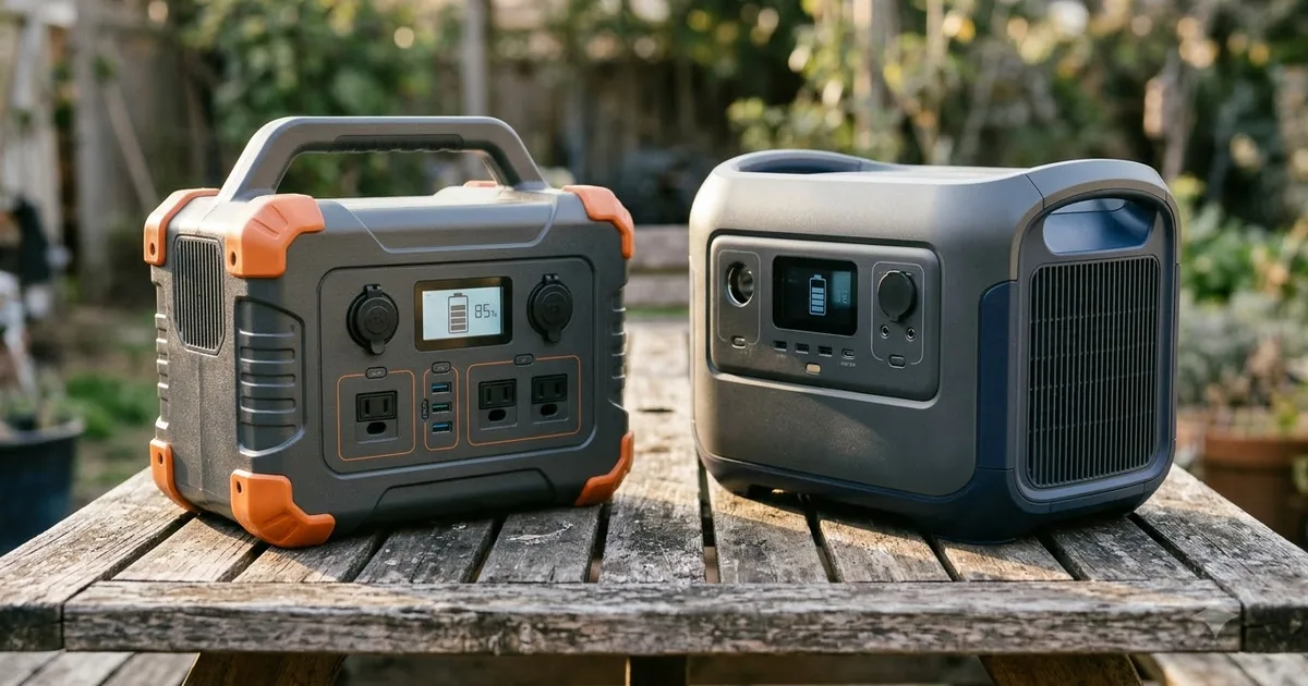 Illustration for two different portable power stations side by side on a wooden table, wide shot